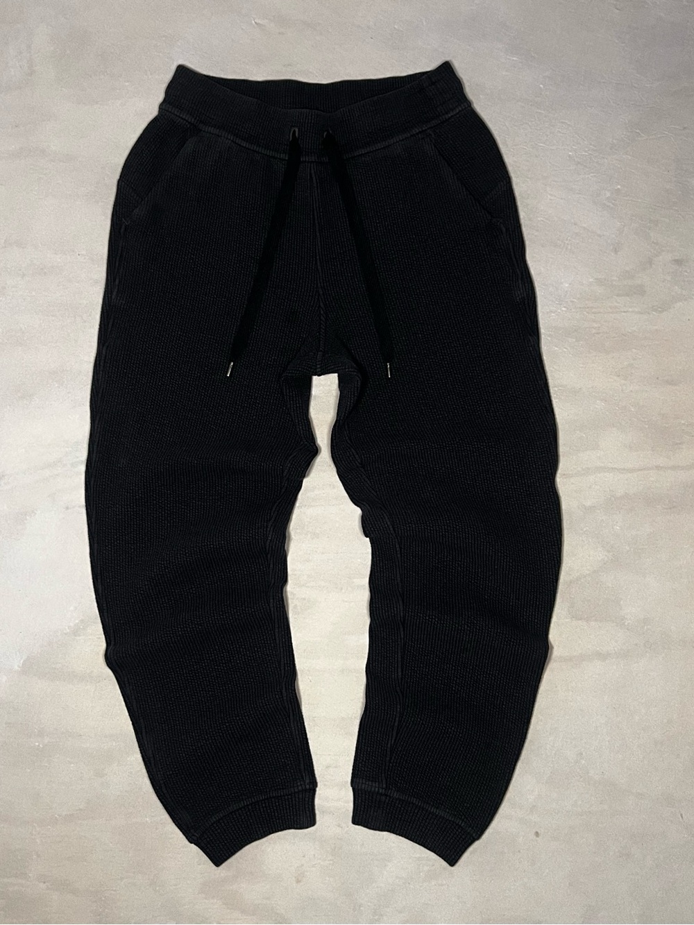 Mens Waffle Knit Thermal Jogger Sweatpants Dark Grey Washed Elastic Waist SZ S/M